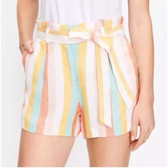 LOFT Paperbag Striped Tie Waist Shorts Sz M Linen blend NWT - Picture 1 of 8